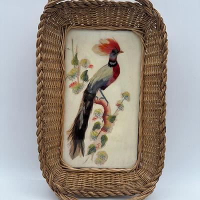 Vintage Handmade, Painted & Applied Feathers on Rattan Frame Tray