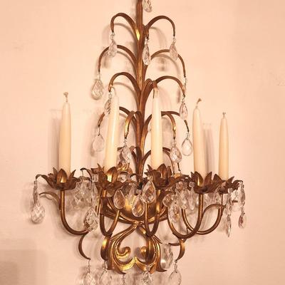 Lot #168 Vintage Metal Candle Sconce - 5 arm - Crystal drops
