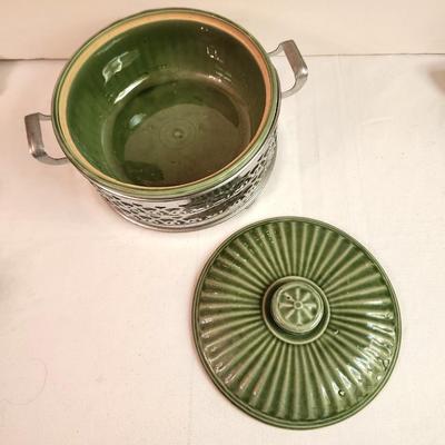 Lot #169 Vintage Green Ceramic Casserole in original metal holder - 1950s/60s