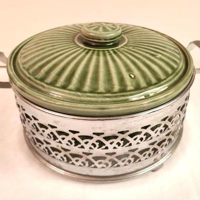 Lot #169 Vintage Green Ceramic Casserole in original metal holder - 1950s/60s