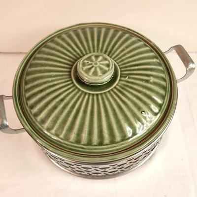 Lot #169 Vintage Green Ceramic Casserole in original metal holder - 1950s/60s