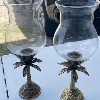 Two Large Brass Palm Tree Candle Holders