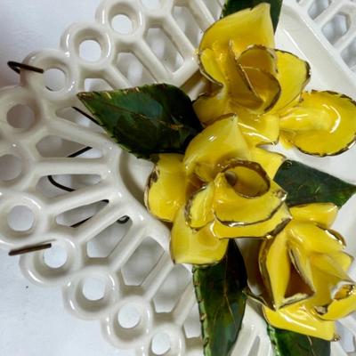 Ceramic Yellow. Roses on white open lattice background Capodimonte