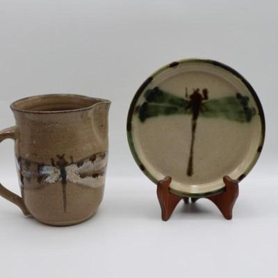 Signed Dragonfly Pottery Plate and Cup by Janet