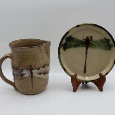 Signed Dragonfly Pottery Plate and Cup by Janet