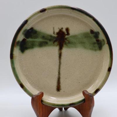 Signed Dragonfly Pottery Plate and Cup by Janet