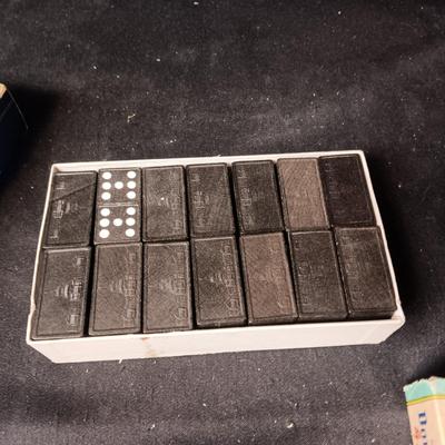 2 SETS OF VINTAGE WOODEN DOMINOES AND A DECK OF CARDS