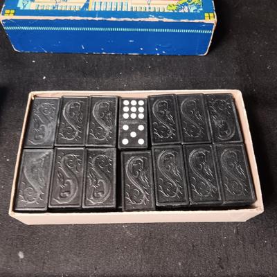 2 SETS OF VINTAGE WOODEN DOMINOES AND A DECK OF CARDS