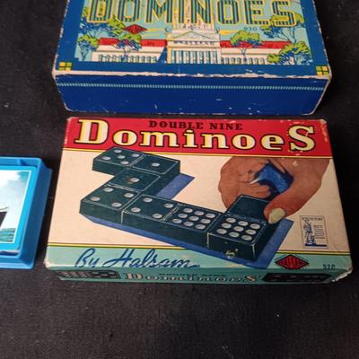 2 SETS OF VINTAGE WOODEN DOMINOES AND A DECK OF CARDS