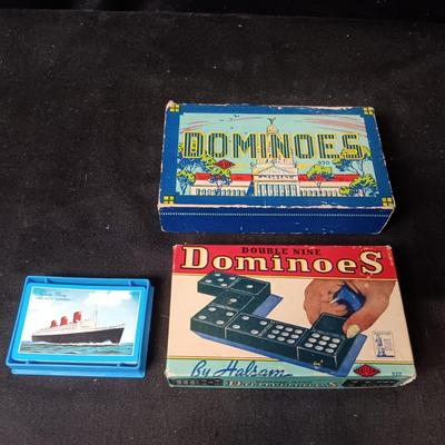 2 SETS OF VINTAGE WOODEN DOMINOES AND A DECK OF CARDS