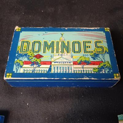 2 SETS OF VINTAGE WOODEN DOMINOES AND A DECK OF CARDS