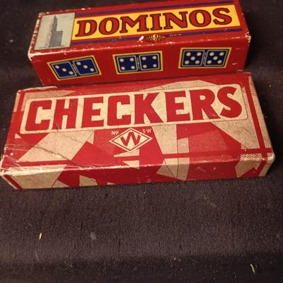 VINTAGE WOODEN CHECKERS AND DOMINOES