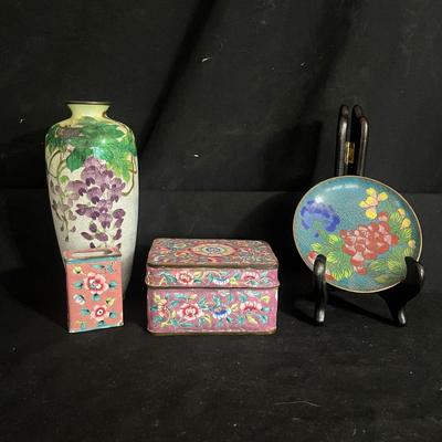 Cloissone Enameled Metal Vase & More Enameled Metal Items (DR-MG)