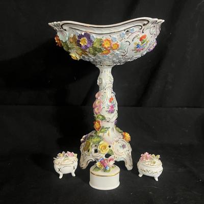 Dresden Pierced Floral Footed Compote Co & Three Small Ceramic Boxes (DR-MG)