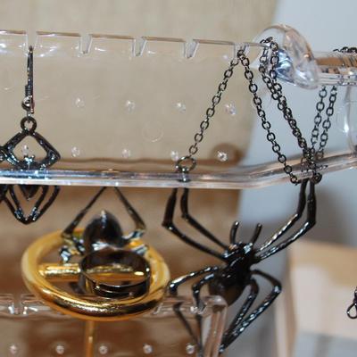 JEWELRY SET Includes Green Belly Spider Earrings (1" x ½") with Wire Hook; ADJUSTABLE Size 7 Ring & PENDANT (3¼" x...