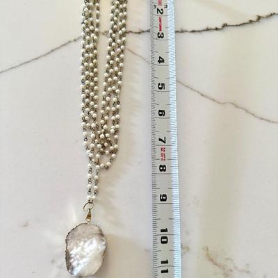 White Stone / druzy quartz necklace with pearl chain