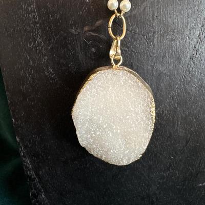 White Stone / druzy quartz necklace with pearl chain