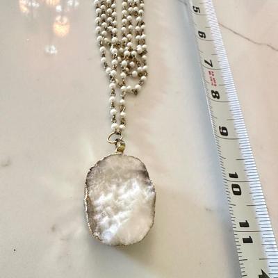 White Stone / druzy quartz necklace with pearl chain