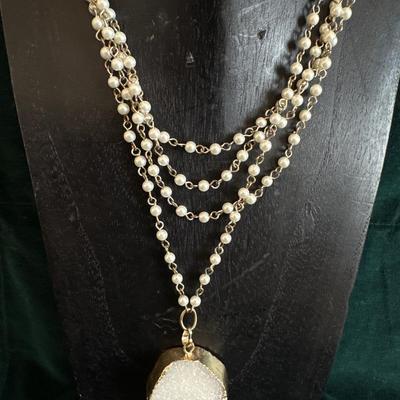 White Stone / druzy quartz necklace with pearl chain