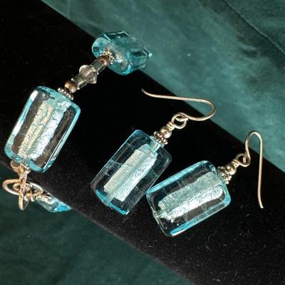 Blue Foil Art Glass-Bracelet and Earrings.