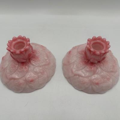 FENTON Pair of Rosalene Pink Water Lily Candle Holder