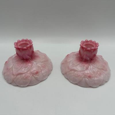 FENTON Pair of Rosalene Pink Water Lily Candle Holder