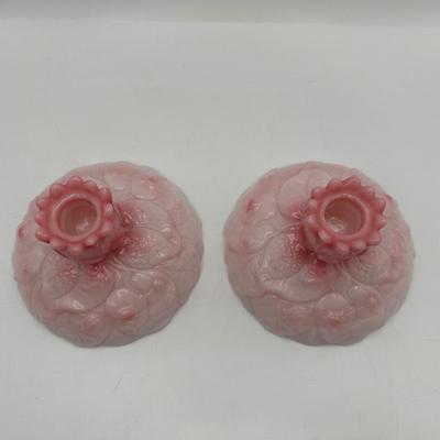 FENTON Pair of Rosalene Pink Water Lily Candle Holder