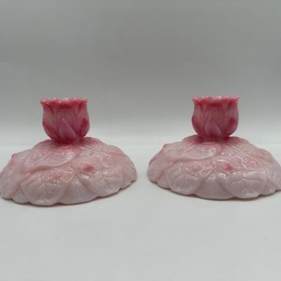 FENTON Pair of Rosalene Pink Water Lily Candle Holder
