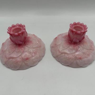 FENTON Pair of Rosalene Pink Water Lily Candle Holder