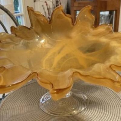 Unique Huge Mid-Century Art Glass Pedestal Bowl w/Scalloped Edges 7" Tall & 18" Wide in VG Preowned Condition.