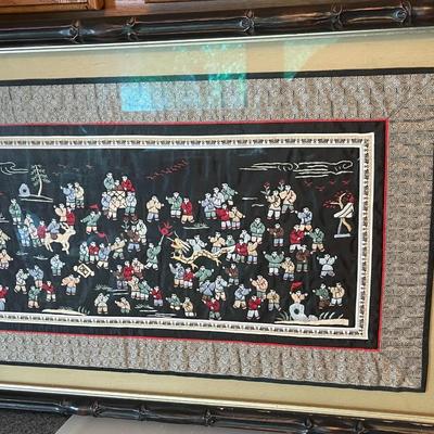 Vintage Chinese Silk Embroidery “100 Children Playing” Decorative Art Frame Size 17.75" x 31.50" (Artwork in Great Shape Frame...