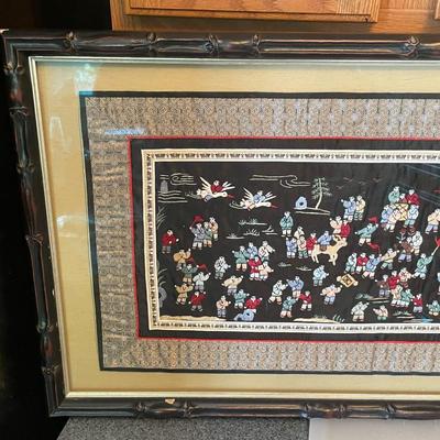 Vintage Chinese Silk Embroidery “100 Children Playing” Decorative Art Frame Size 17.75" x 31.50" (Artwork in Great Shape Frame...