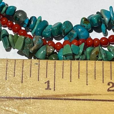 Triple Strand Designer Sterling Silver New Never Used Fashion Turquoise/Coral Bead Necklace 17-20" Adjustable Preowned from an...