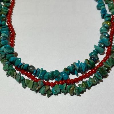 Triple Strand Designer Sterling Silver New Never Used Fashion Turquoise/Coral Bead Necklace 17-20" Adjustable Preowned from an...