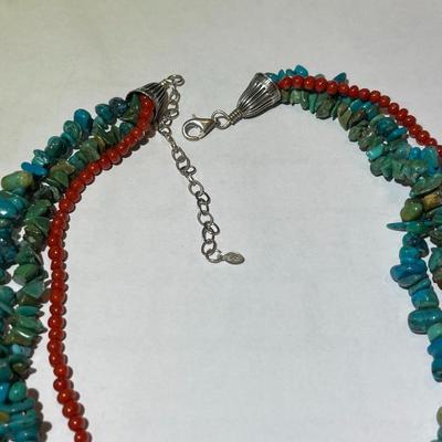 Triple Strand Designer Sterling Silver New Never Used Fashion Turquoise/Coral Bead Necklace 17-20" Adjustable Preowned from an...