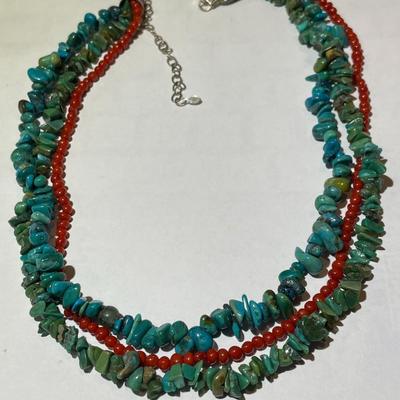 Triple Strand Designer Sterling Silver New Never Used Fashion Turquoise/Coral Bead Necklace 17-20" Adjustable Preowned from an...