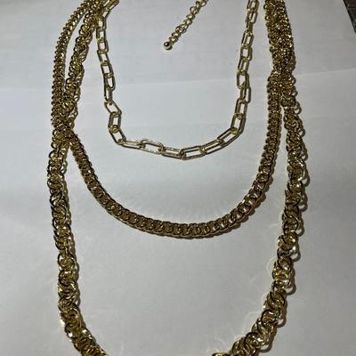 New Never Worn OPC Designer Triple Strand Gold-tone Necklace w/Rhinestone clasp Area in Very Good Condition as Pictured. (Jewelry #60).