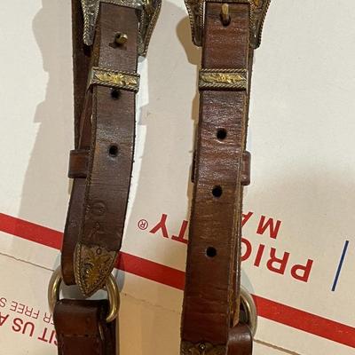 Antique/Vintage Horse Tooled Leather Bridle Breast Collar with Screwed Sterling Silver Overlaid Mexico Applications & w/Double Buckle