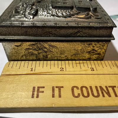 Vintage Asian Silver-toned Metal Dragon Hinged Trinket Box in VG Preowned Condition as Pictured.