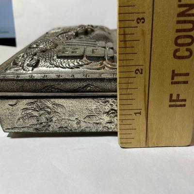 Vintage Asian Silver-toned Metal Dragon Hinged Trinket Box in VG Preowned Condition as Pictured.