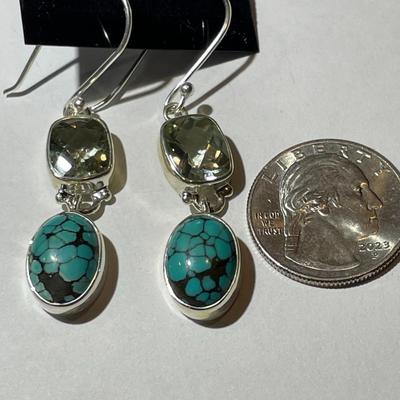 New Never Used Arya Designer Sterling Silver .925 Dangling Turquoise & Aqua Color Stone Earrings as Pictured. (Jewelry #75).