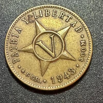 1943 Patria Y Libertad 4.6gr 300m Republica De Cuba Cinco Centavos
