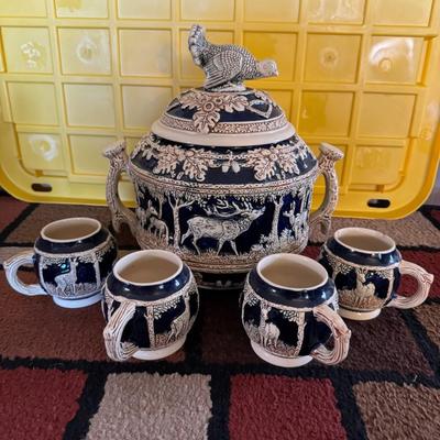 Rare Vintage Marzi & Remy German stoneware hot cider Tureen W/ 4 cups