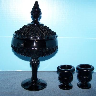 LOT 81 BEAUTIFUL MID CENTURY BLACK AMETHYST GLASSWARE TALL CANDY JAR 2 MINI VASES