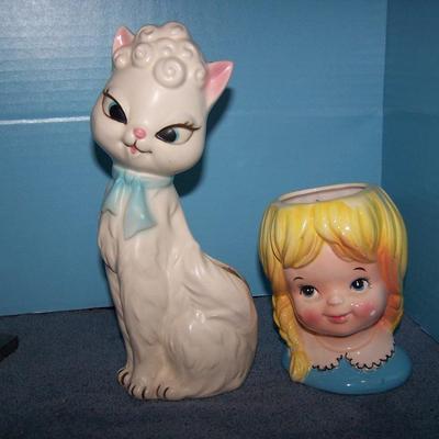LOT 95 ADORABLE MCM CAT PLANTER & HEAD VASE