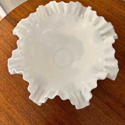 Vintage Fenton Milk Glass Hobnail Pattern Candy Dish: Ruffled Crimped Edge | Collectible