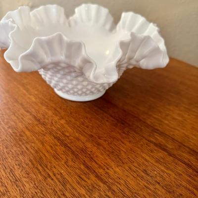 Vintage Fenton Milk Glass Hobnail Pattern Candy Dish: Ruffled Crimped Edge | Collectible