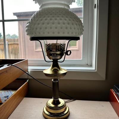 Vintage Hurricane Brass Lamp With White Milk Glass Hobnail Shade 17" Tall GWTW