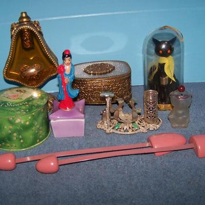 LOT 106 LOVELY VINTAGE DRESSER ITEMS---PERFUMES/BOX/POWDER