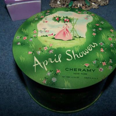 LOT 106 LOVELY VINTAGE DRESSER ITEMS---PERFUMES/BOX/POWDER